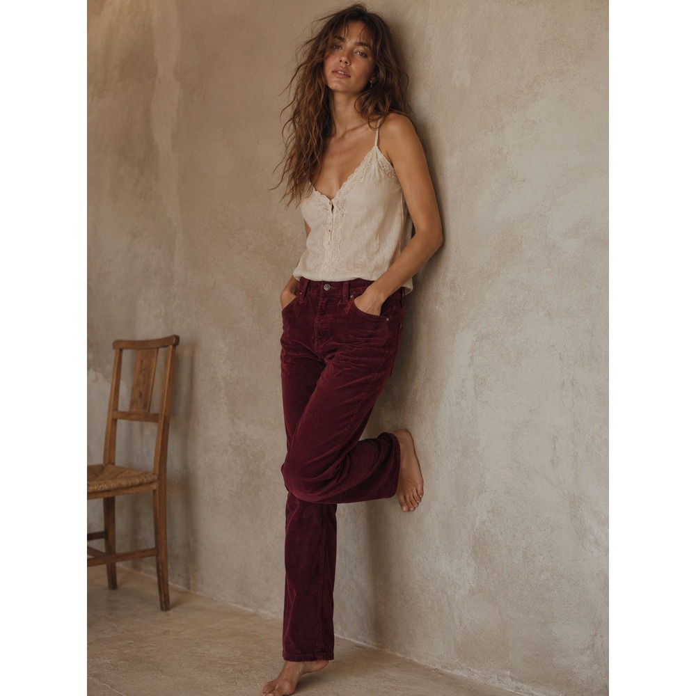 We The Free Free People Burgundy Corduroy High Rise Skinny Pants Size 28 Raw Hem